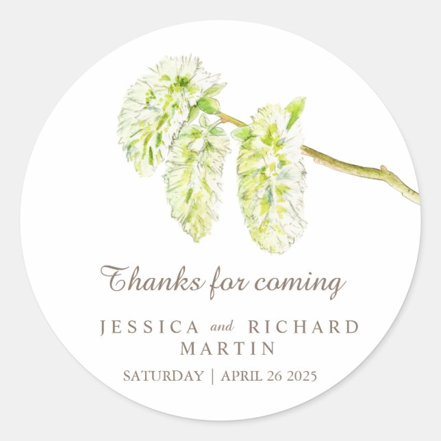 Green catkins spring merci autocollant mariage (Devant)