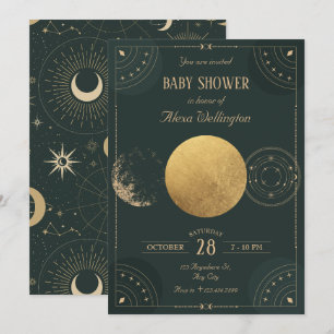 Green celestial Moon mystical baby shower Invitation