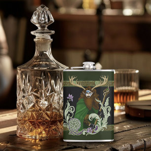 Green Celtic Antlers Man  Hip Flask