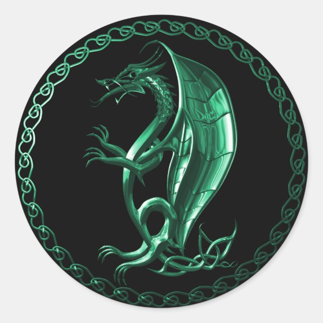 Green Celtic Dragon Classic Round Sticker (Front)