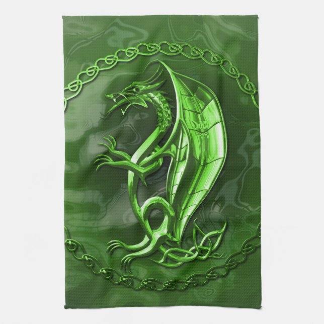 Green Celtic Dragon Kitchen Towel (Vertical)