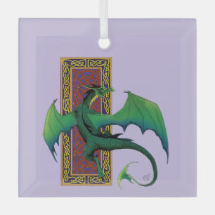 Green Celtic Dragon Purple Fantasy Knotwork Glass Ornament