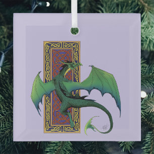 Green Celtic Dragon Purple Fantasy Knotwork Glass Ornament