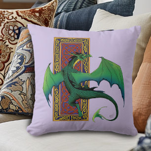 Green Celtic Dragon Purple Fantasy Knotwork Throw Pillow