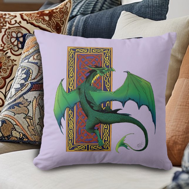 Green Celtic Dragon Purple Fantasy Knotwork Throw Pillow (Creator Uploaded)