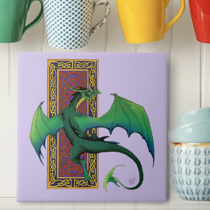 Green Celtic Dragon Purple Fantasy Knotwork Tile