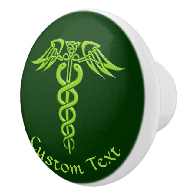Green Celtic Knot Caduceus Ceramic Knob (Right)