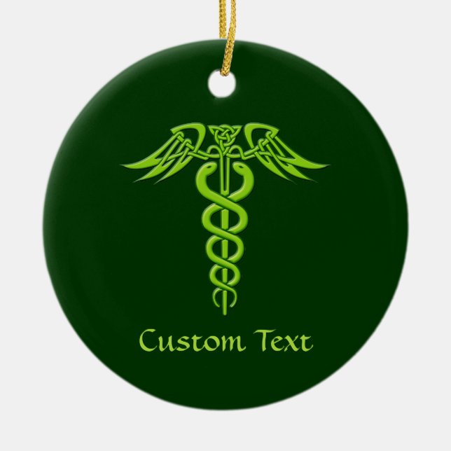 Green Celtic Knot Caduceus Ceramic Ornament (Front)