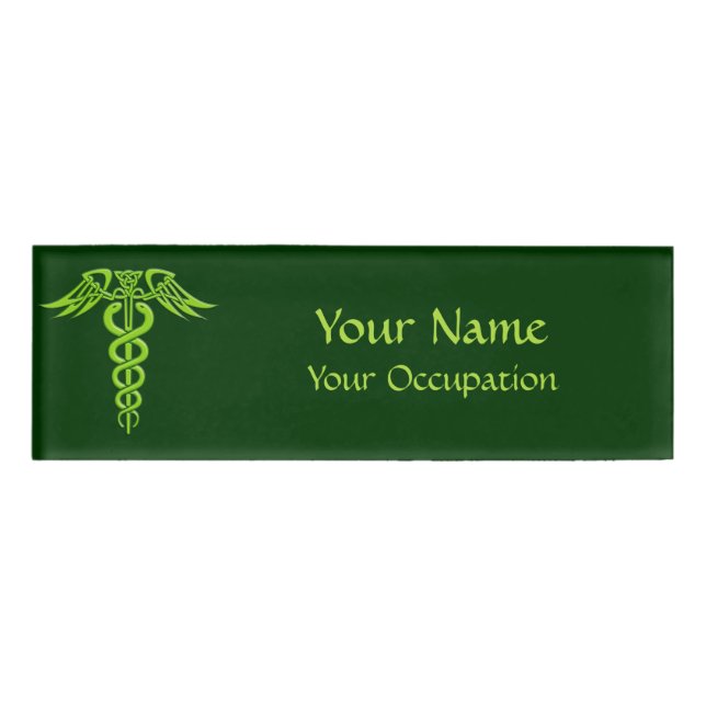 Green Celtic Knot Caduceus Name Tag (Front)