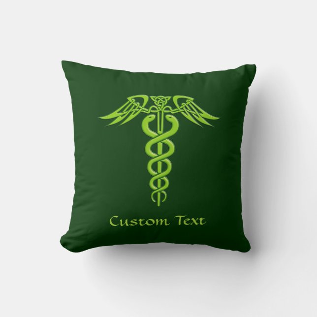 Green Celtic Knot Caduceus Throw Pillow (Front)