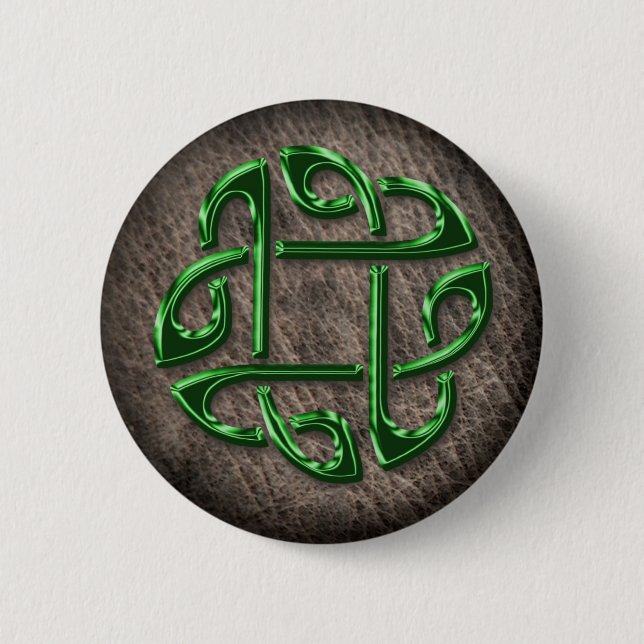 Green celtic knot on genuine leather 2 inch round button (Front)