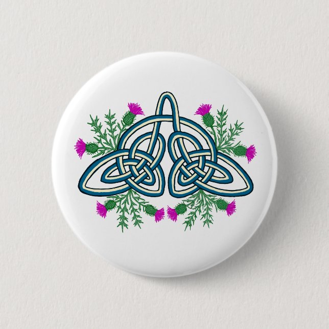 Green Celtic Knot with Purple Scottish Thistles 2 Inch Round Button (Front)