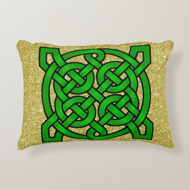 Green Celtic Knots Gold Faux Glitter Decorative Pillow (Front)