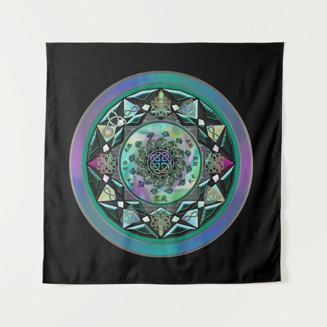 Green Celtic Mystical Mandala Wall Tapestry (Front)