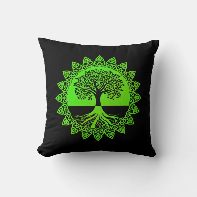 Green Celtic Tree of Life on Black Throw Pillow (Front)