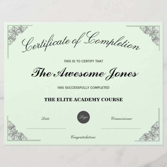 Green Certificate of Completion with Custom Logo (Front)