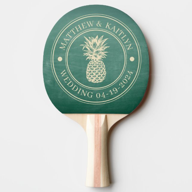 Green Chalkboard Pineapple Wedding Names Ping Pong Paddle (Back)