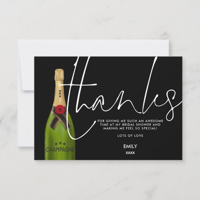 Green Champagne Bottle Script Black Bridal Shower Thank You Card (Front)