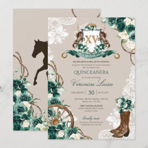 Green Charro Floral Horse Crest Quinceanera Invitation