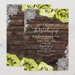 Green Chartreuse Floral Roses Wood Lace Wedding Invitation