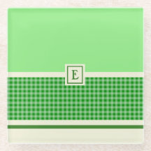 Green Check Monogram Glass Coaster