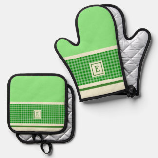 Green Check Monogram Oven Mitt & Pot Holder Set