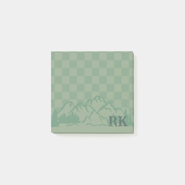 Green Check Pattern Rustic Mountains Monogram Post-it Notes (Front)