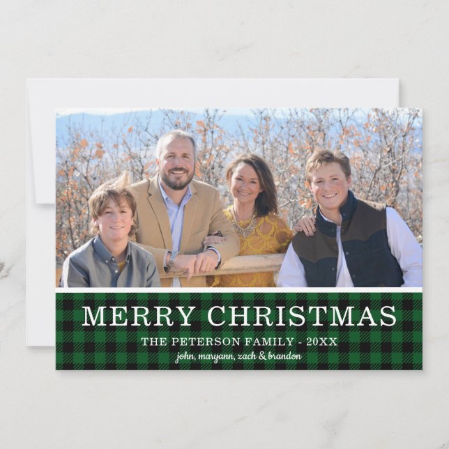 Green Check Plaid Photo Holiday Card (Front)