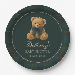 Green Check Polo Teddy Bear Baby Shower Paper Plate