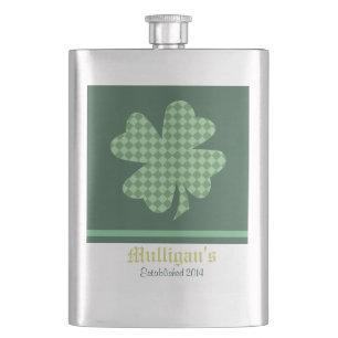 Green Checks Shamrock Personalized Hip Flask