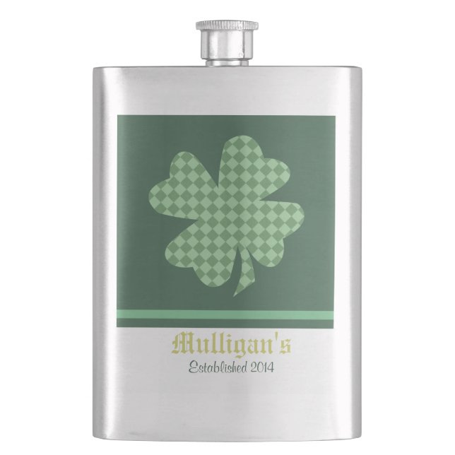 Green Checks Shamrock Personalized Hip Flask (Front)