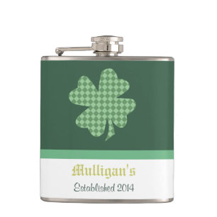 Green Checks Shamrock Personalized Hip Flask
