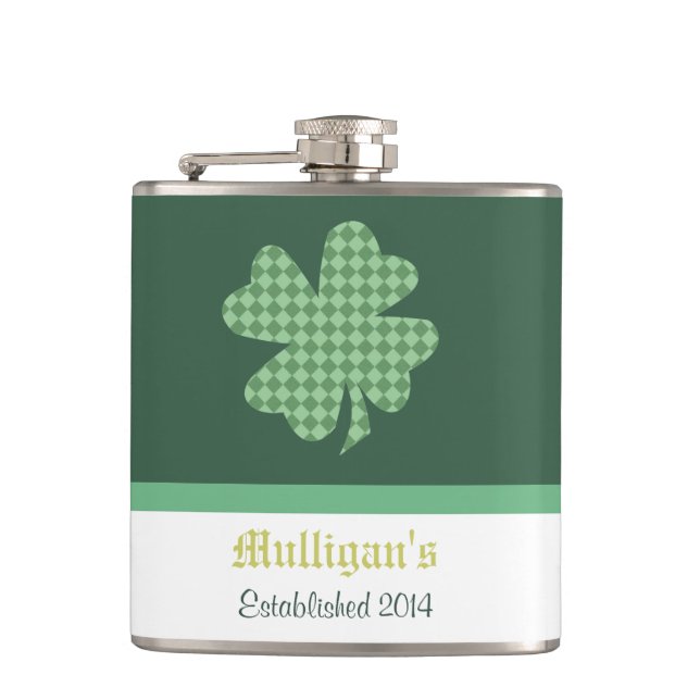 Green Checks Shamrock Personalized Hip Flask (Front)