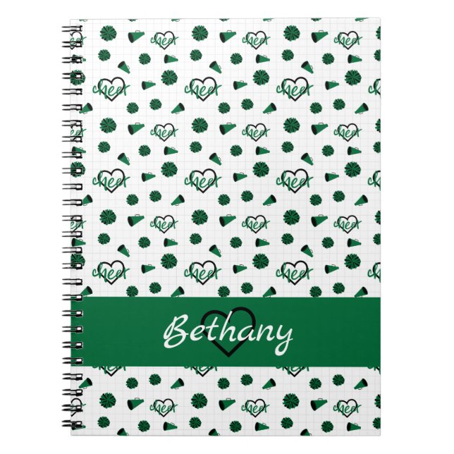 Green Cheer Hearts, Pom Poms, Megaphone Pattern Notebook (Front)