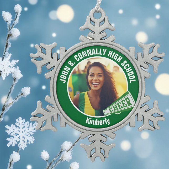 Green Cheerleader Photo High School Snowflake Pewter Christmas Ornament (Creator Uploaded)