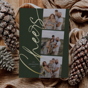 Green Cheers Modern Elegant Script Christmas Foil Holiday Card