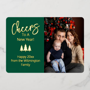 Green Cheers to a New Year Family Photo Foil Holiday Card