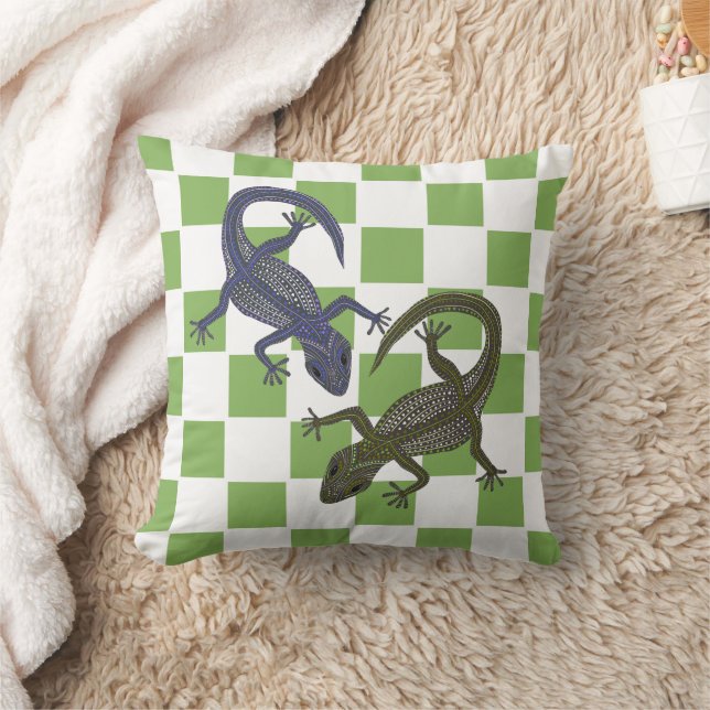 Green Chequerboard Geckos Throw Pillow (Blanket)