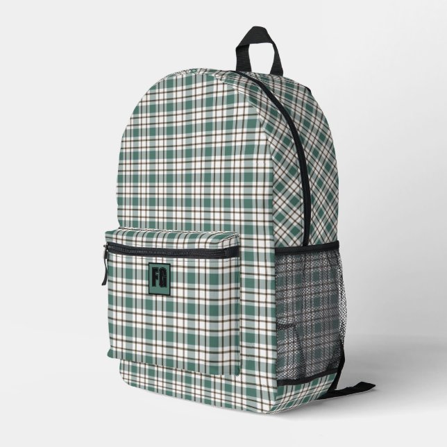 green chequered light tartan pattern printed backpack (Back Corner Right)