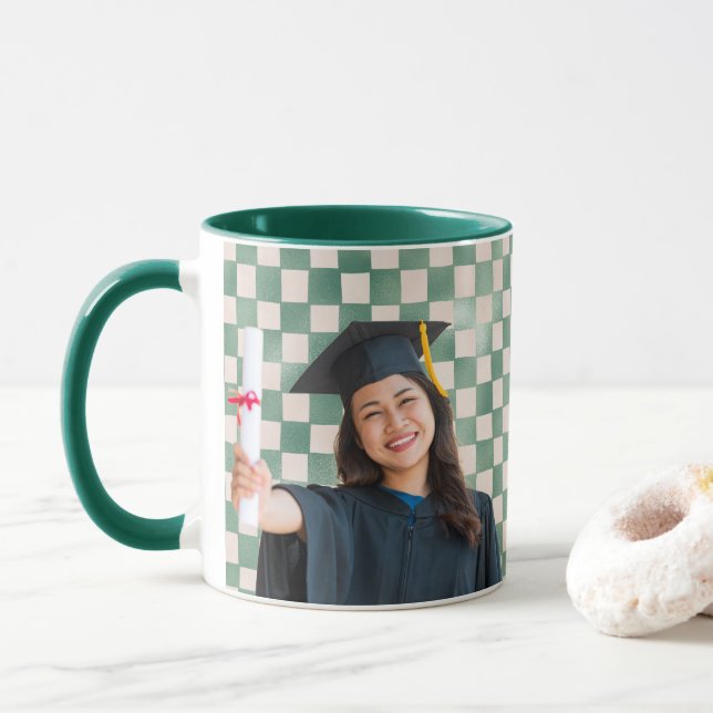 Green Chequered Personalized Portrait Graduation Mug (With Donut)