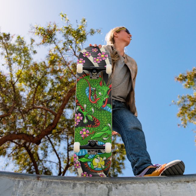 Green Cherry Blossom Dragon Tattoo Skateboard (Outdoor 1)