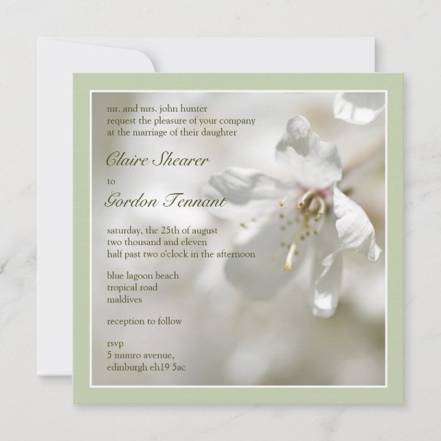 Green Cherry Blossom Wedding Invitation (Front)