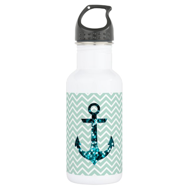 Green Chevron and Sparkly Stars Anchor 532 Ml Water Bottle (Front)