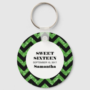 Green Chevron Glitter Sweet 16 Keychain