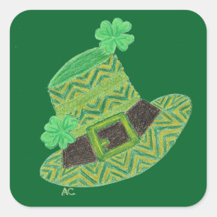 Green chevron leprechaun's hat kid square stickers