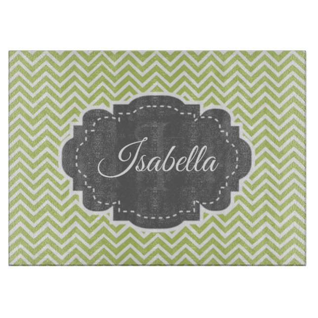 Green Chevron Personalized Cutting Board (Front)