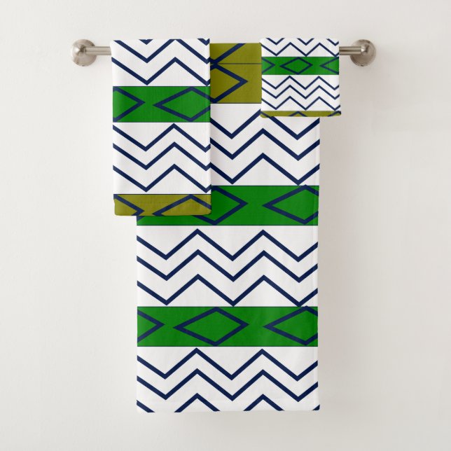 Green Chevron Stripes Geometric Pattern  Bath Towel Set (Insitu)