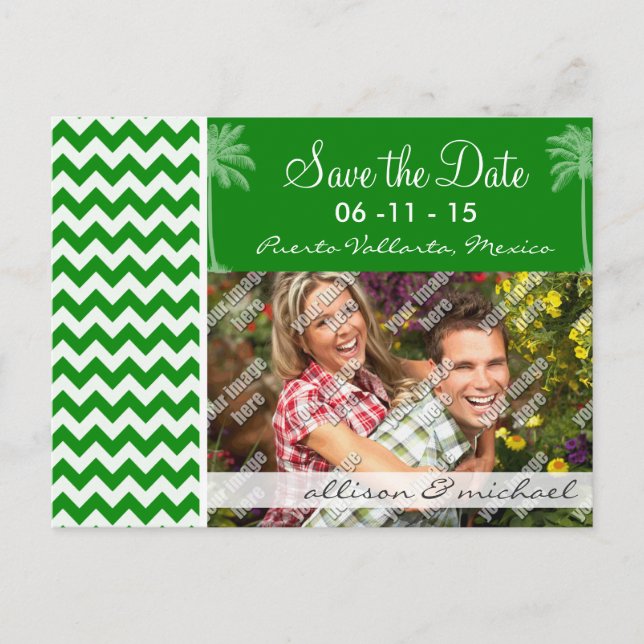 Green Chevron Stripes; Summer Palm Announcement Postcard (Front)