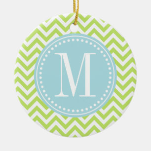 Green Chevron Zigzag Personalized Monogram Ceramic Ornament
