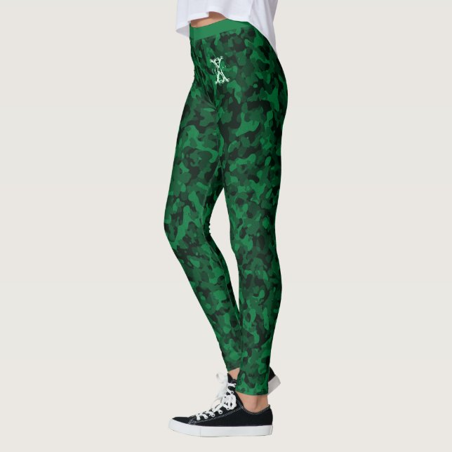 Green Chic Camouflage Pattern Custom Monogram Leggings (Left)